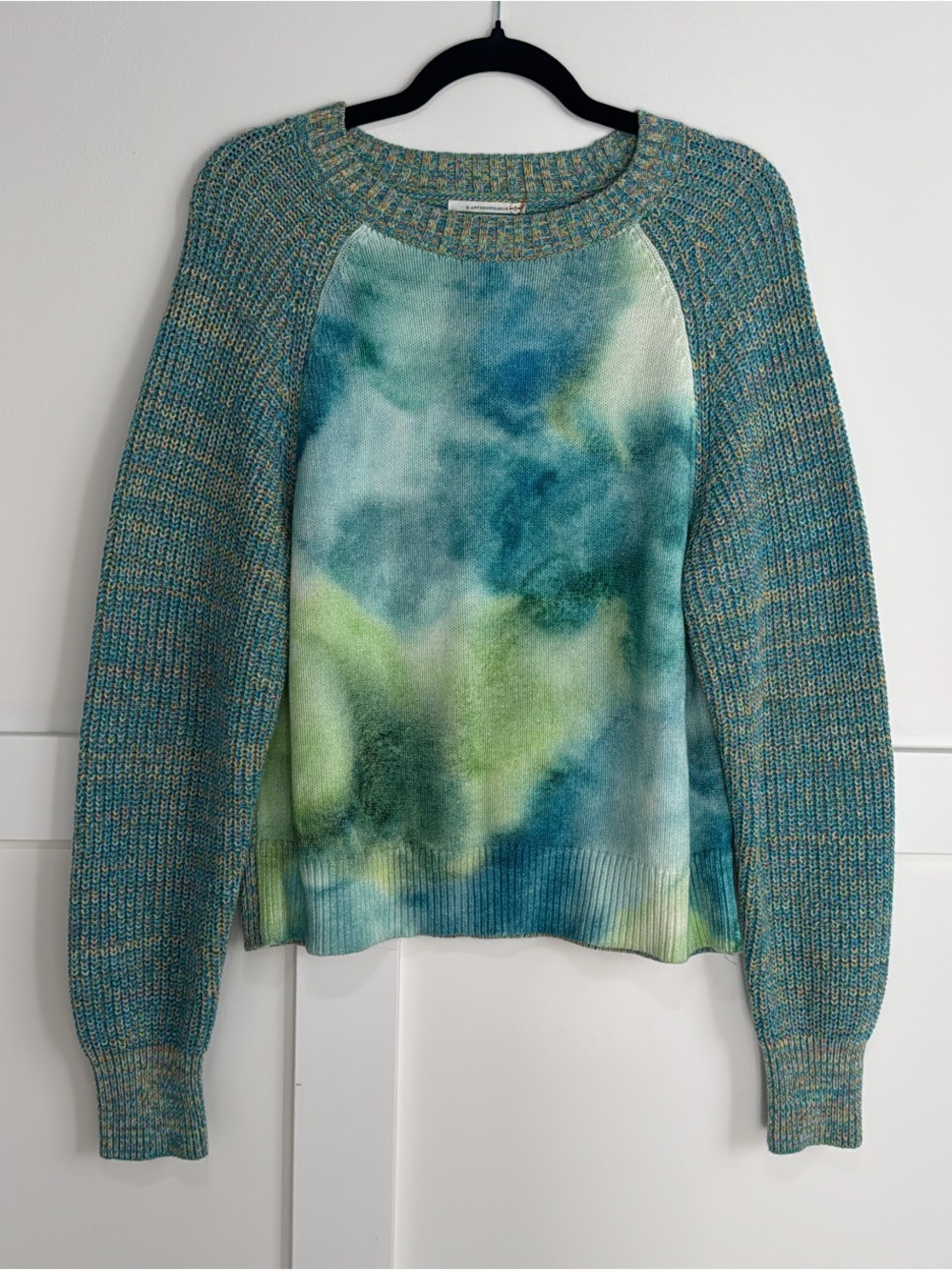 Anthropologie Watercolor Tie-Dye Raglan Crewneck Sweater in Blue & Green M